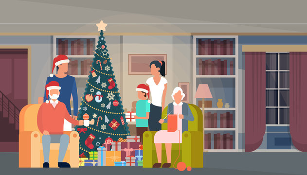 Big Family Christmas Green Tree With Gift Box House Interior Decoration Happy New Year Banner Flat Vector Illustration