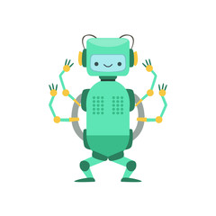 Green Friendly Android Robot Character With Four Arms Vector Cartoon Illustration