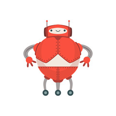 Red Fat Friendly Android Robot Character With Two Antennas Vector Cartoon Illustration