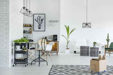 White apartment with pattern carpet