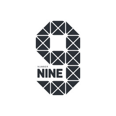 Black and white number nine geometrical logo template formed by triangles, vector illustration isolated on white background. Black and white number nine geometrical graphic logotype