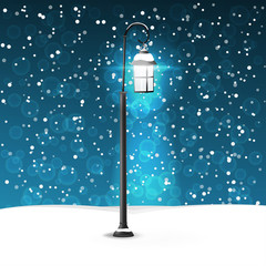 Winter city park with a wooden bench and a lantern. vector illustration