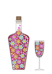 Bright illustration with a bottle and a glass of Floral  wine.