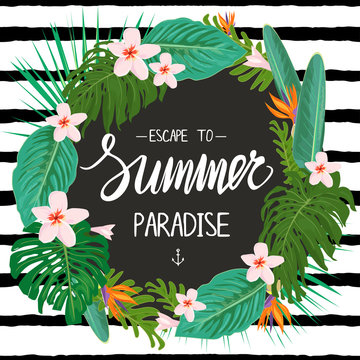 Template with tropic plants and exotic flowers