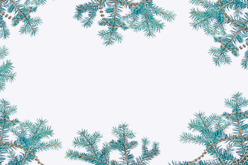 Snow covered trees. frame. Festive Christmas composition. Card.