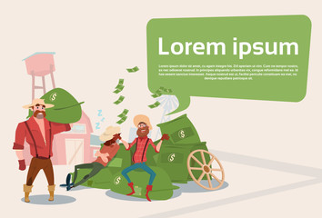Rich Farmers Countryman With Money Sacks Farm Background Flat Vector Illustration
