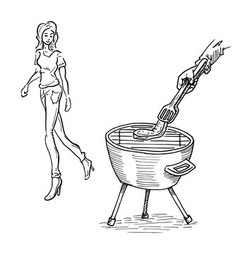Vrouw kijkt naar steak op de barbecue