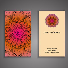 Vector business card. Floral mandala pattern and ornaments. Orie