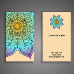 Vector business card. Floral mandala pattern and ornaments. Orie