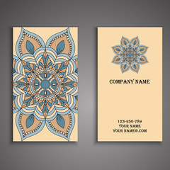 Vector business card. Floral mandala pattern and ornaments. Orie
