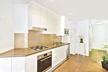 Fototapeta na wymiar White luxury kitchen view with tools and flowers.