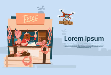 Farmer Sell Pork Meat Products Organic Market Drone Delivery Flat Vector Illustration