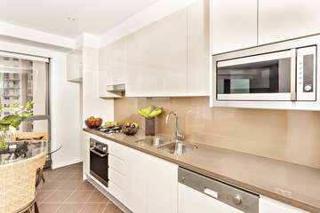 Kitchen with luxurious tools and white walls.