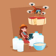 Small Girl Hold Remote Controller Drone Delivery Milk Dairy Products Eco Fresh Farming Flat Vector Illustration