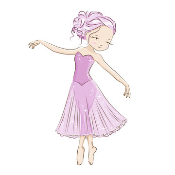 Ballerina. Graceful little dancer . She is dansing in light, beautiful pink dress. Hand drawn illustration.