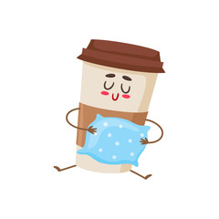 Funny sleepy paper coffee cup character with a pillow, cartoon style vector illustration isolated on white background. Cute take away coffee cup character, waking up concept