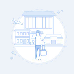 Traveler Man Airport Hall Departure Terminal Travel Baggage Suitcase, Passenger With Luggage Vector Illustration