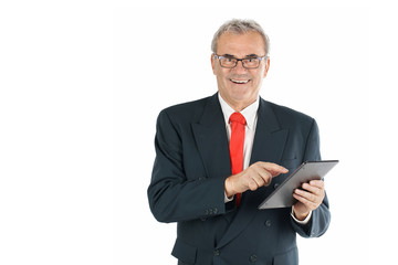 erfolgreicher lachender Geschäftsmann mit Tablet