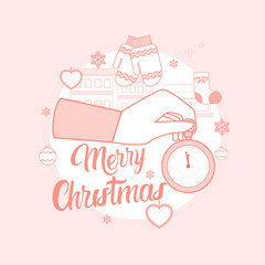 Hand Hold Clock Happy New Year Merry Christmas Greeting Card Thin Line Vector Illustration