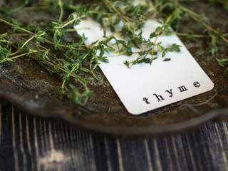 Fresh thyme scattered on an old dish and a white tag

