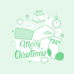 Hand Hold Gift Sock Happy New Year Merry Christmas Greeting Card Thin Line Vector Illustration