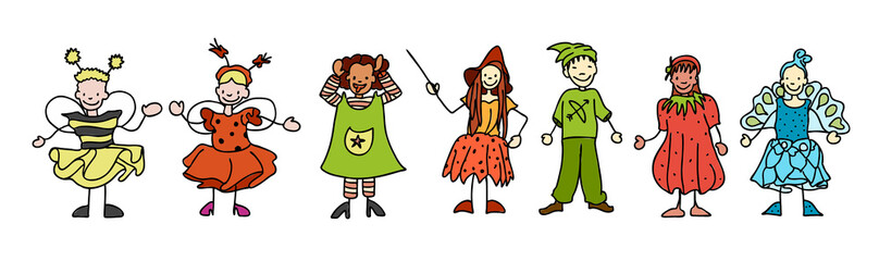 Gruppe von verkleideten Kindern feiern Fasching