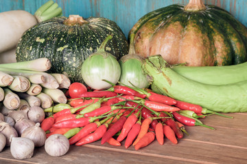 Vegetable ingredient / View of various vegetable ingredient on wood background