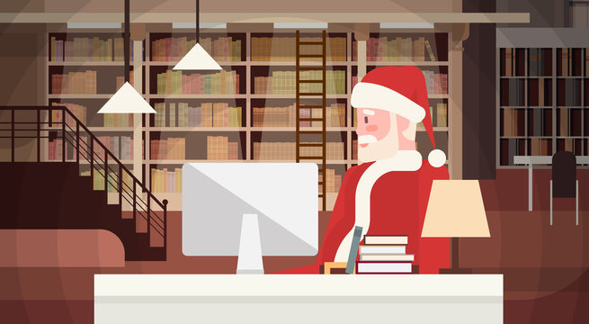 Santa Claus Using Laptop Sitting Desk Indoor Home Happy New Year Merry Christmas Flat Vector Illustration