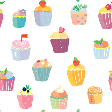 Cupcakes with fruits funny seamless pattern