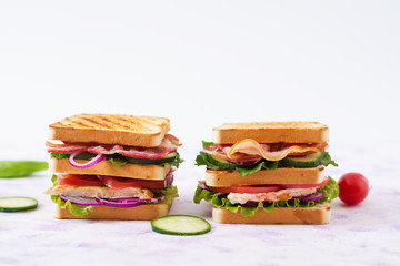 Club sandwich with chicken breast, bacon, tomato, cucumber and herbs