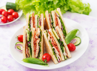 Club sandwich with chicken breast, bacon, tomato, cucumber and herbs