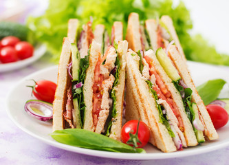 Club sandwich with chicken breast, bacon, tomato, cucumber and herbs