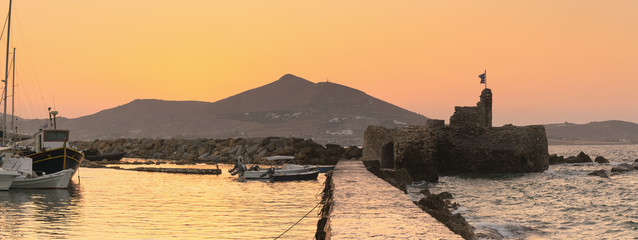 Kastelli castle at Paros island in Greece against the sunset.
