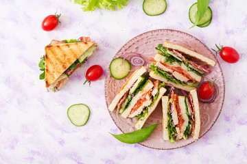 Club sandwich with chicken breast, bacon, tomato, cucumber and herbs. Top view © timolina