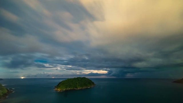 Night storm and thunderstorms on promthep cape. Phuket Island in Thailand. November 2016. 4K TimeLapse