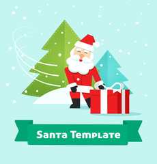 Fototapeta na wymiar Santa Claus with gift box on snow flakes vector illustration, concept of Merry Christmas card design, New Year gift delivery