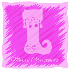 Christmas or New Year's greeting card. Vector logo, emblem design. Bright pink and purple stripes painted carelessly. Transparent silhouette of a Christmas boot.