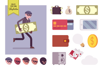 Male thief character runnig with stolen things creation set