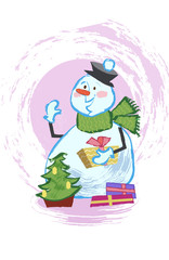 Funny Christmas snowman with Christmas gifts on white background. Vector cartoon illustration in hand draw style.Christmas snowman isolated