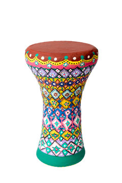 Colorful painted goblet drum (chalice drum, darabuka, doumbek, dumbelek, tablah), single head goblet shaped percussion instrument used in Middle East, North Africa and Eastern Europe isolated on white