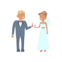 Wedding couple characters with glasses of champagne in Cartoon style. Vector illustration isolated on white background