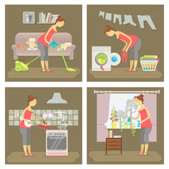 Set of housewife in funny cartoon style for infographic. Homemaker is cleaning, ironing, cooking, wash and child rearing vector illustration.