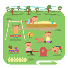 Obraz na płótnie Canvas Playground infographic elements vector flat illustration, children play on the outdoors, in the sandbox, boys and girls go for a drive on a swing. Funny cartoon character. Vector illustration