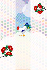 椿の花とニワトリのイラストハガキ素材epsベクター