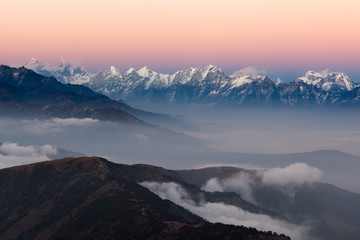 Nepal mountains landscape aerial view with amazing clouds floating between mountains on the...