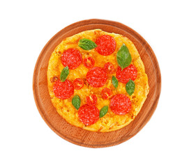 Tasty pizza on wooden board and white background