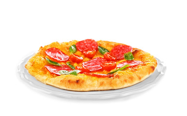 Tasty pizza on plate and white background