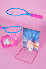 Toy props with pink background, artwork 