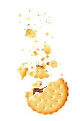 Tasty cookie with crumbs on white background