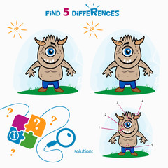 Find 5 differences. Cartoon Vector Illustration of Finding Differences Educational Activity Task for Children with cute monster